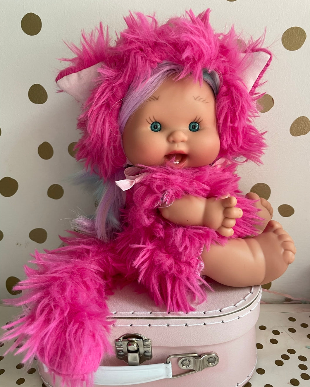 10” purple hair pepote in hot pink cat costume