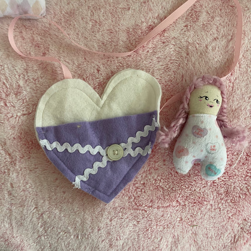 Rose hair doll’s doll with heart bag